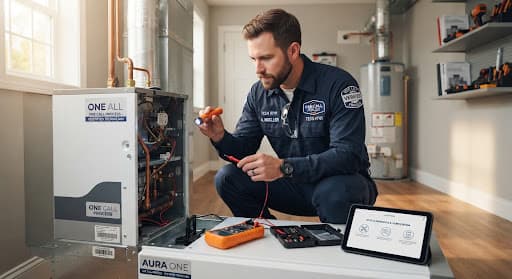Verified artisan technician in crisp navy uniform at a doorstep