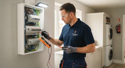 Technician in navy uniform servicing a modern split air conditioner
